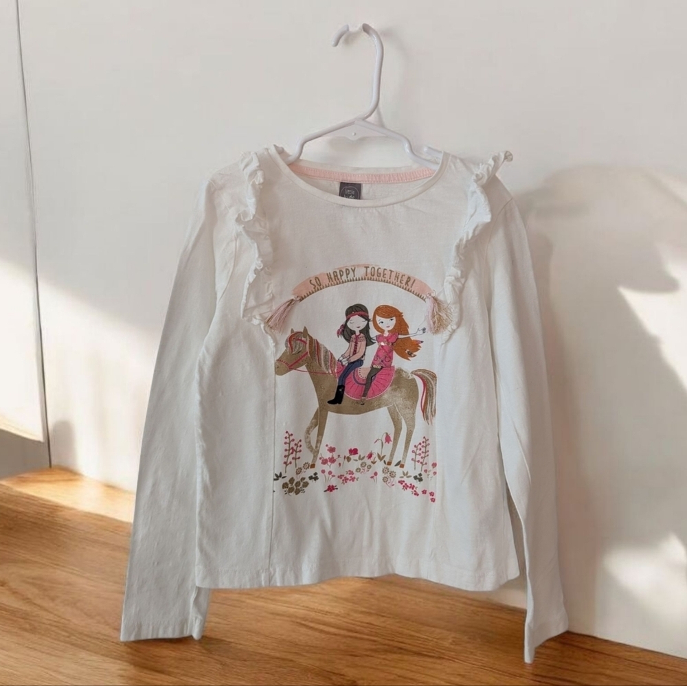Little Kids Girls White Long Sleeve Shirt with Horse Print Size 7-8